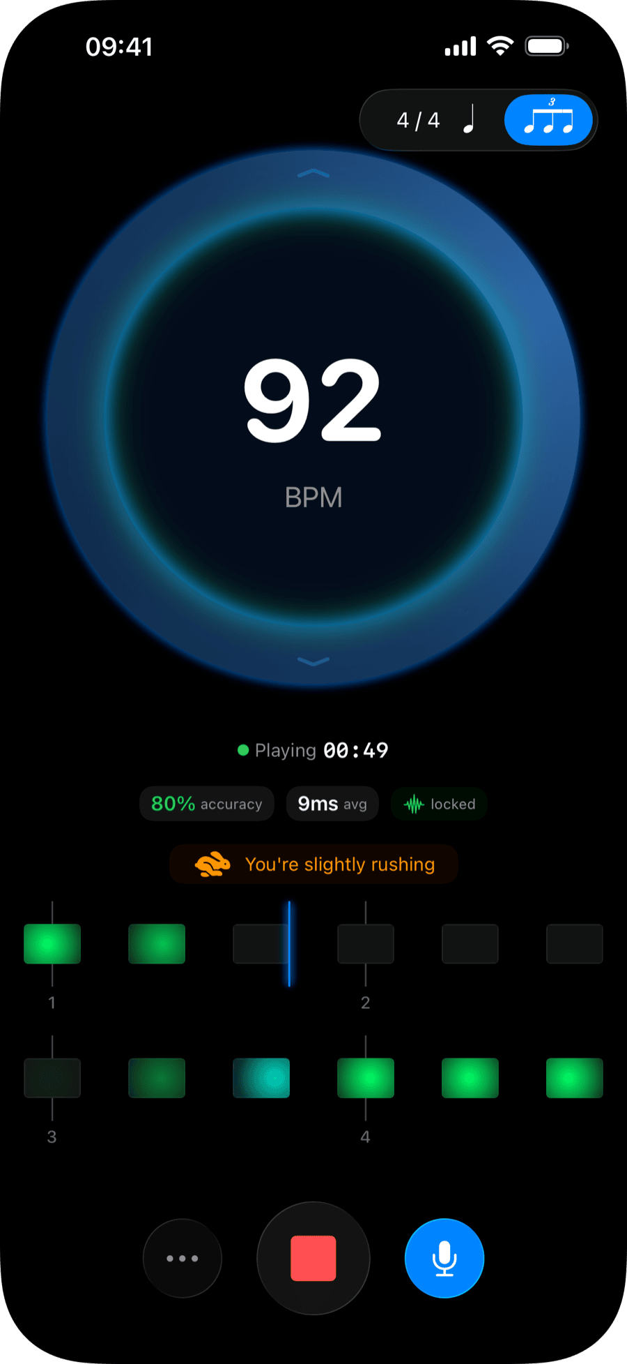 Practice mode with metronome circle, live accuracy stats, and beat-by-beat feedback strip