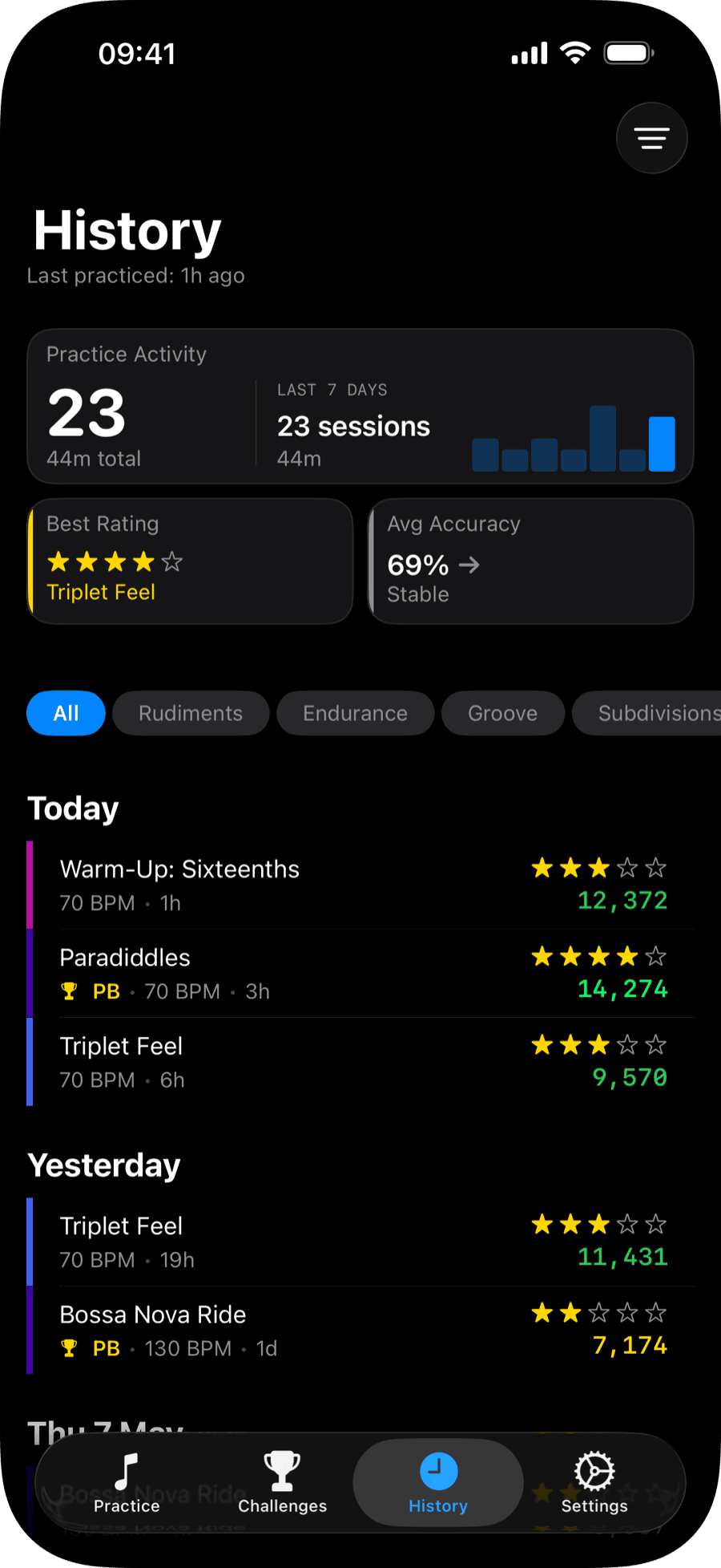 History view showing recent sessions with star ratings, scores, and improvement trends