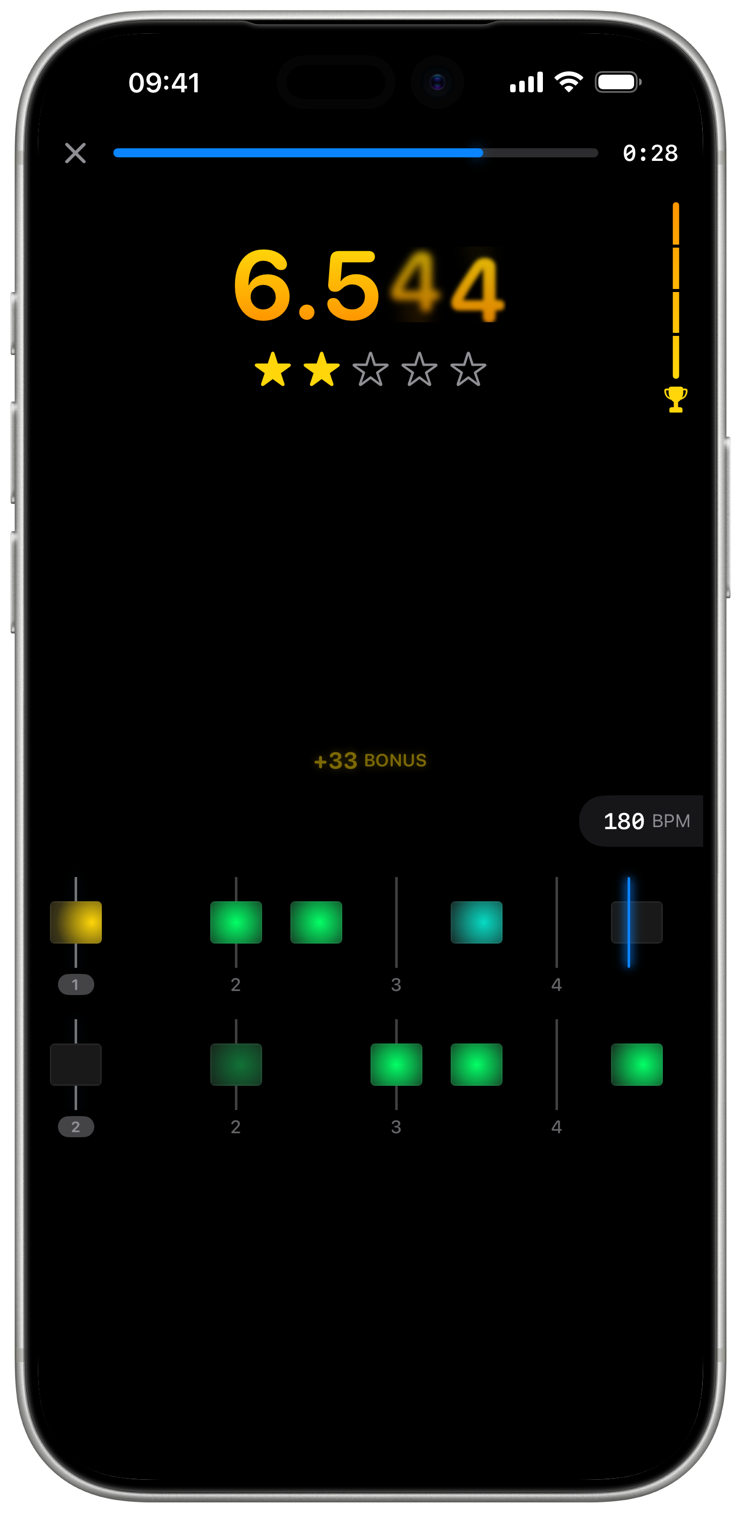 Live challenge play with combo multiplier and beat feedback