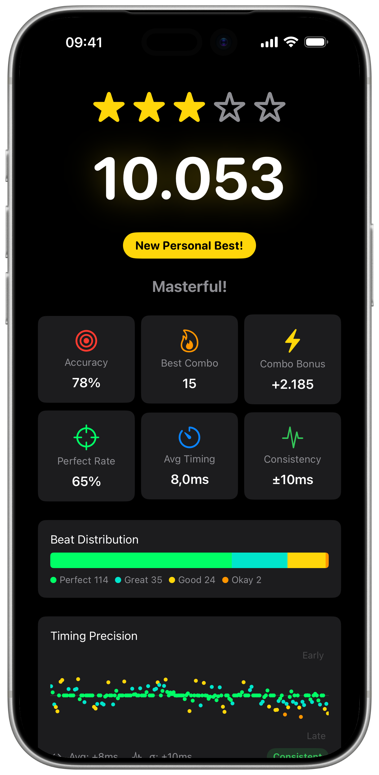Personal Best results screen with score, stars, and stats