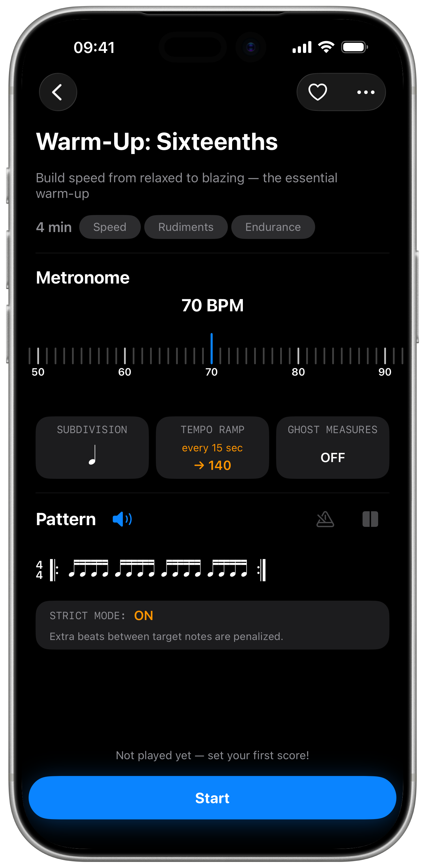Challenge configuration with BPM dial, subdivision, tempo ramp, and pattern notation